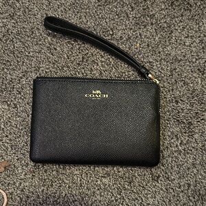 Coach Black Leather Zip Wristlet with Gold Logo